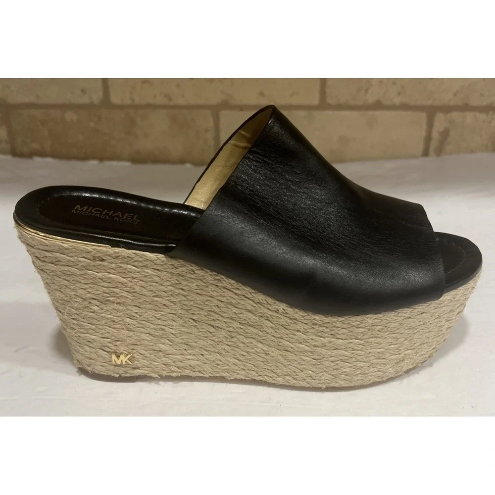 Michael Kors Cunningham Black Leather Platform Wedge Heel Jute Logo Open Toe 8.5